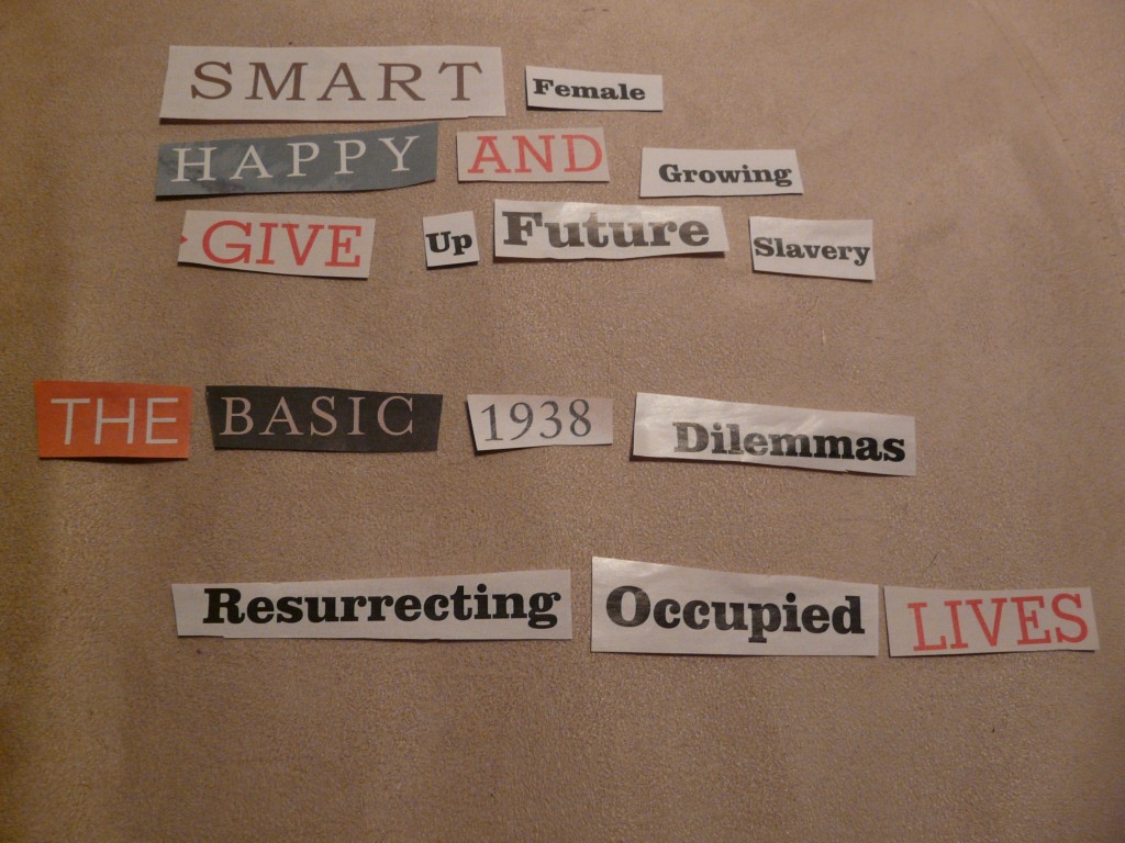 SMART FEMALE / HAPPY AND GROWING / GIVE UP FUTURE SLAVERY / THE BASIC 1938 DILEMMAS / RESURRECTING OCCUPIED LIVES. 